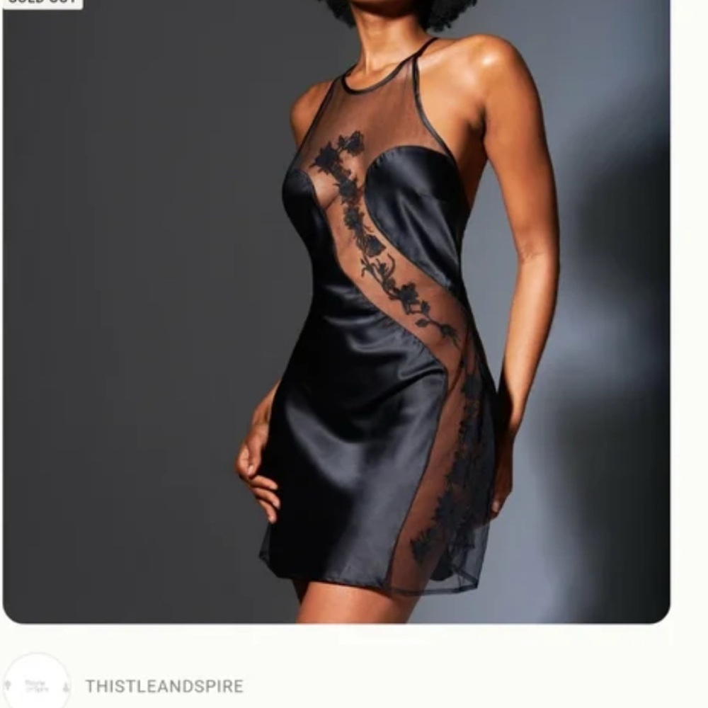 Thistle and Spire Aphrodite Slip. Black Floral and Satin Nightgown.